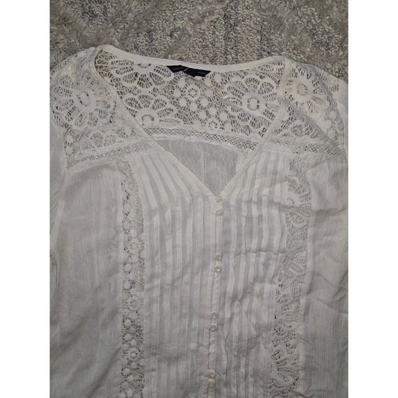 American Eagle sz L White Long Sleeve Lace Blouse Button Up‎ Bohemian Casual Top - Picture 2 of 11